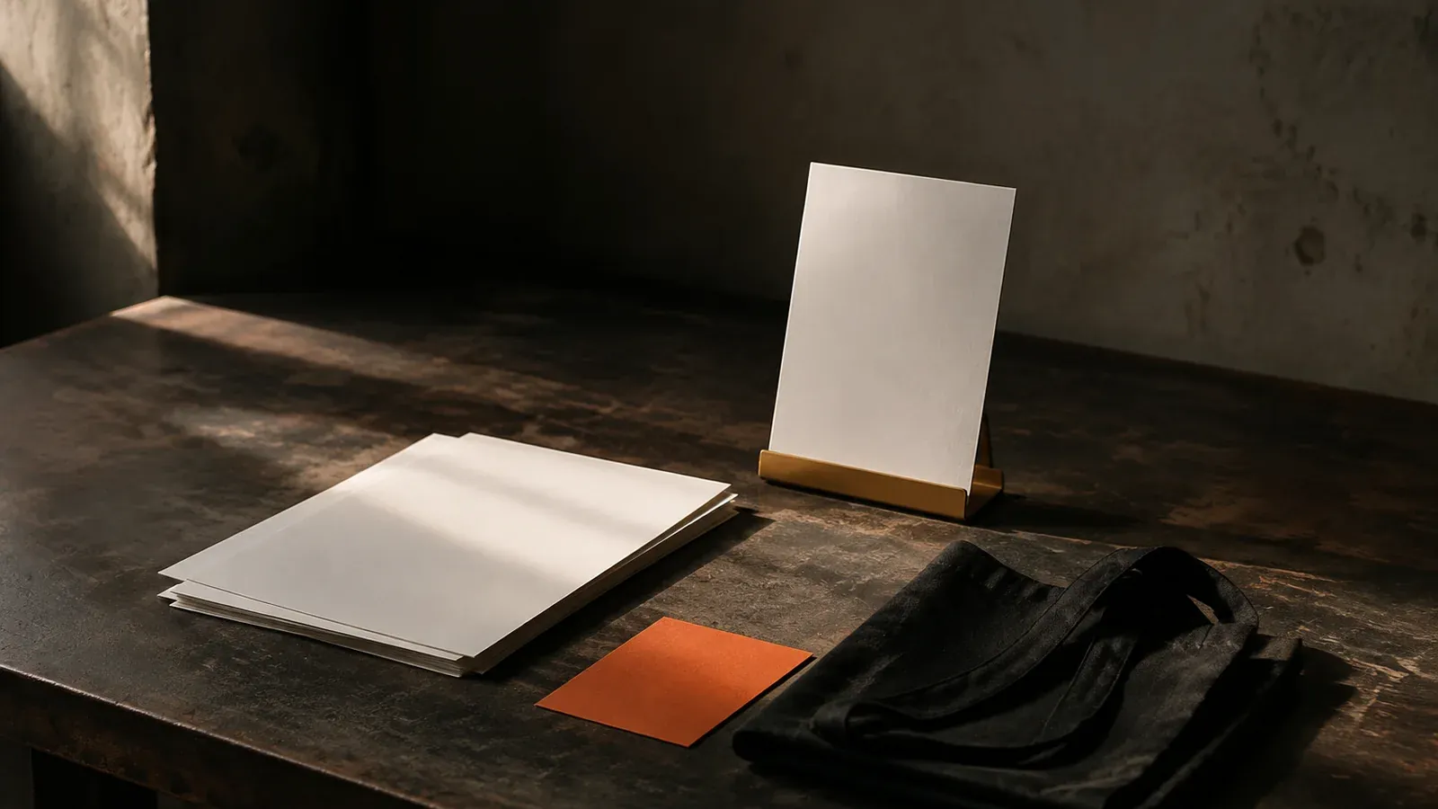 Blank sheets and a folded card on a dark wooden table by a window.